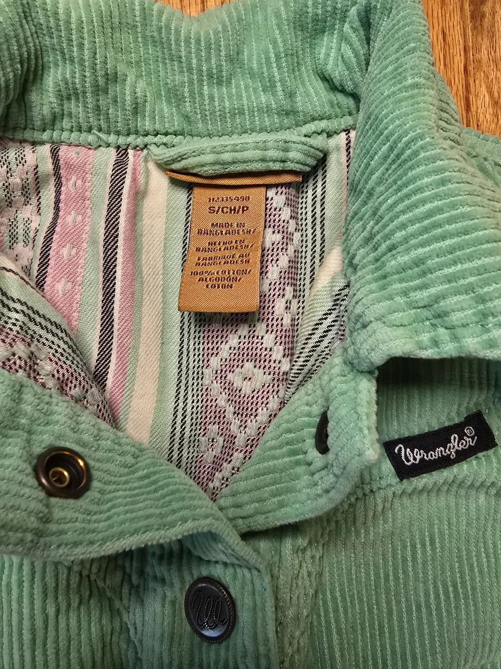 Wrangler Girls Mint Green Corduroy Jacket Southwestern Lined Button Front Size S